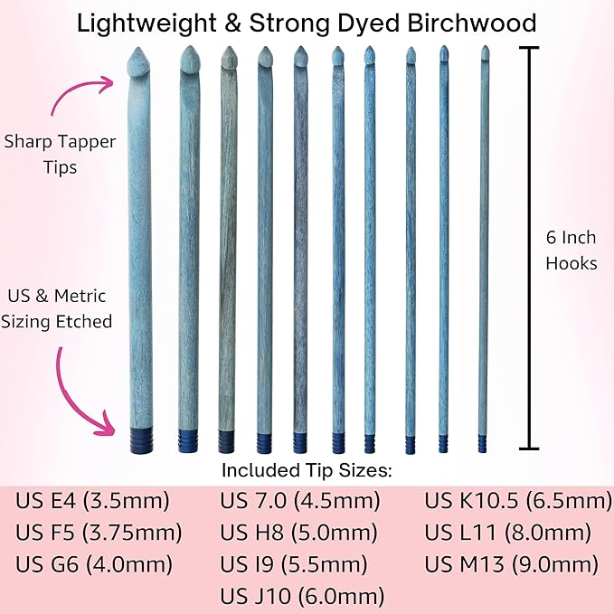 Lykke Indigo 6 in. Set Sizes 3.5, 3.75, 4.0, 4.5, 5.0, 5.5, 6.0, 6.5, 8.0, 9mm Crochet Hooks for Sport, Baby, DK, Worsted, Chunky Yarn, Birchwood with Azure DM Case, Project Bag