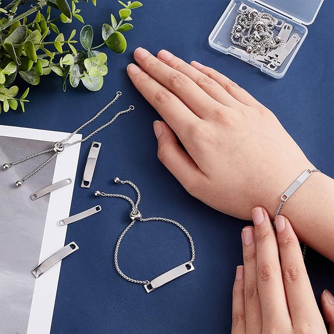 UNICRAFTALE 6Sets Engravable Bracelets DIY Kit Including Rectangle Engravable Blank Tags Links Connectors 24cm Stainless Steel Adjustable Slider Bracelet 4mm Jump Rings for Bracelets Making