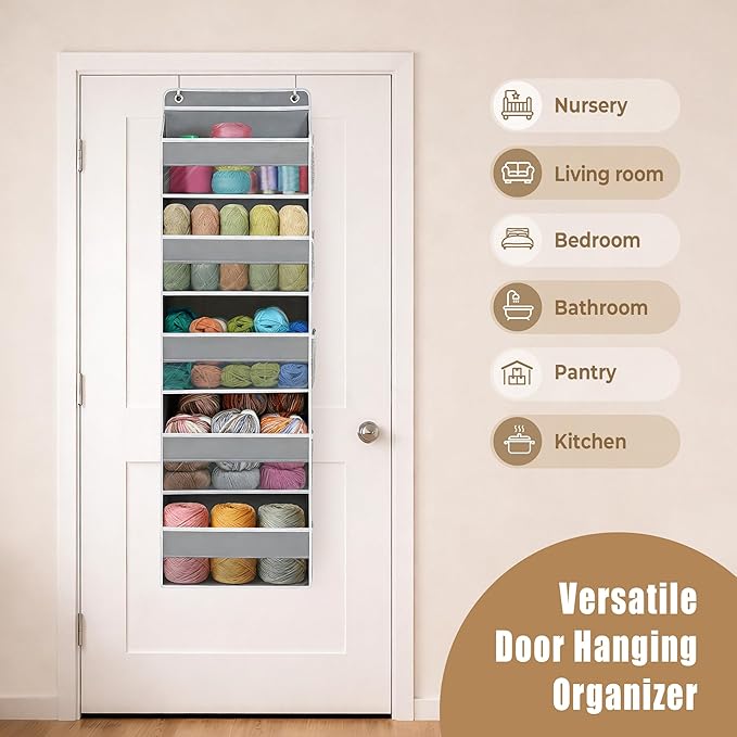 Hanging Yarn Storage Organizer, Large Capacity Knitting Organizer Storage & 5 Mesh Side Pockets, Over the Door Organizer for Crochet Accessories & Knitting Supplies,Black