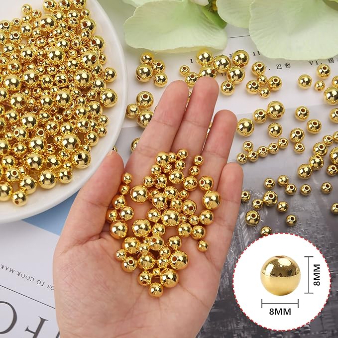 bonny boxx quality glossy abs imitation pearl beads with hole 6/8/10mm round plastic acrylic spacer bead for diy craft jewelry making supplies (gold, 8mm, 500pcs)
