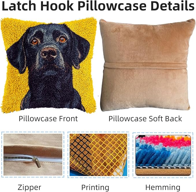 DIY Latch Hook Pillow Kits for Adults Cartoon Black Labrador Dog Printed Pillowcase Crochet Yarns Hooking Handmade Pillow Cover Cushion for Home Sofa Decoration 17x17inch-14