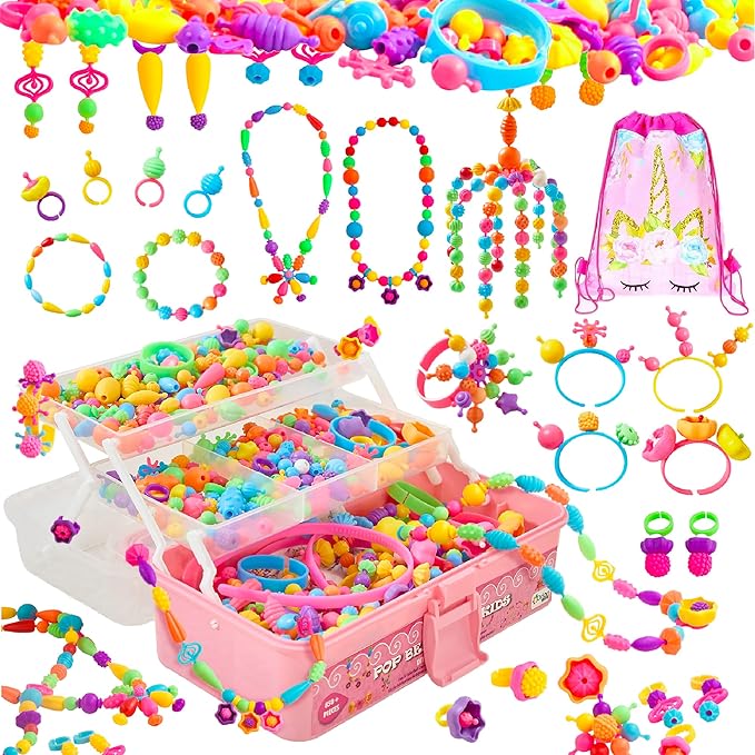 Orian Pop Beads Jewelry Making Kit for Girls – Extra-Large 850+ Piece Set with Hairbands, Bracelets & Rings – Snap Beads for Kids Ages 3+, DIY Jewelry Kit with Unicorn Gift Bag & XL Storage Case