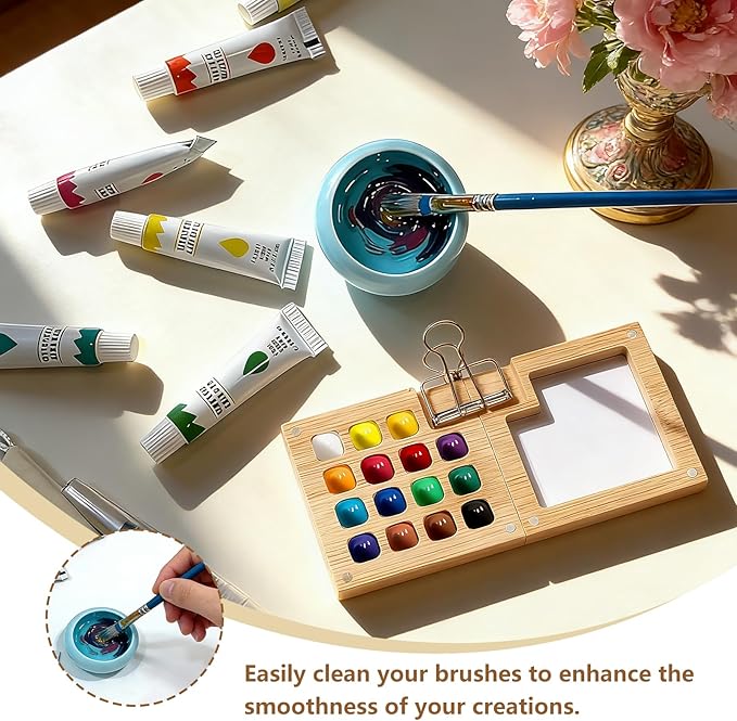 Mini Watercolor Paint Set Bamboo Travel Kit with Watercolor Palette Paintbrush Storage Bag and Water Storage Bottle Ready to Use Watercolor Sets for Artists and Beginners（15 Squares）