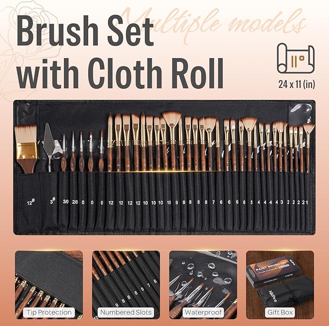 Nicpro 36pcs Paint Brush Set, Professional Paintbrushes with Palette Knife and Cloth Roll, Suitable for Acrylic Painting, Oil, Watercolor, Gouache, Art Supplies for Artists & Beginners (Gold Color)