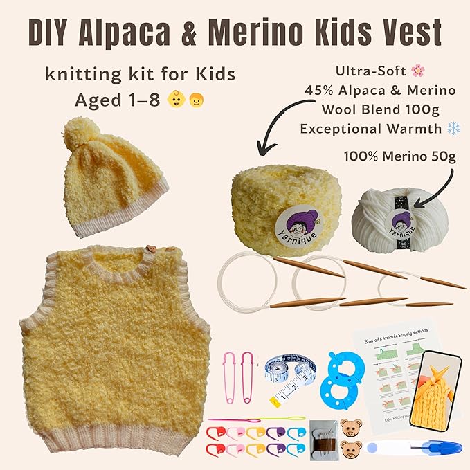 yarnique learn to knit kit for beginners - complete baby knitting kit with italian boucle & merino wool - beginner knitting kit for adults moms - diy baby vest & hat starter set with video tutorials