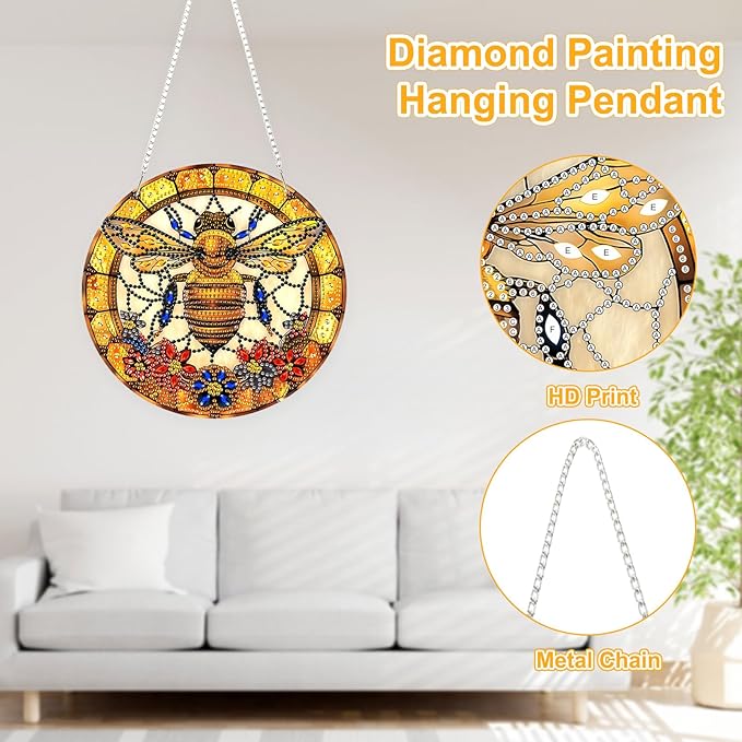 TOSTOG Diamond Art Hanging Kits for Adults, 5D Diamond Painting for Adults Window Pendant, Special Shape Diamonds DIY Bee Flowers Diamond Painting Hanging Pendant Kit for Wall Decor Gift