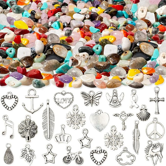 Natural Chip Stones for Bracelet - 400pcs 5mm to 8mm Gemstones Healing Loose Rocks Bead Hole Drilled DIY with 30pcs Silver Charms for Bracelet Necklace Earrings Jewelry Making Craft