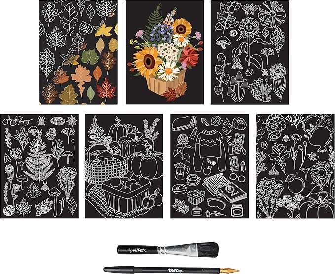 Brea Reese: Scratch Art Paper Pad - Fall Foraging - 14 Sheets, 7 Guided Art Designs, Metallic Accents, Stylus & Brush, 6x8 Pages, DIY Adult Craft Kit