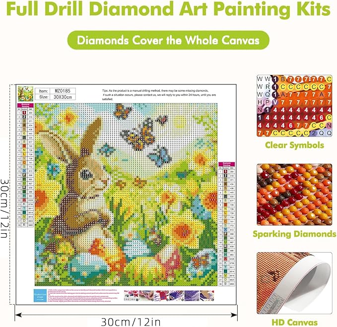 Axquilon Easter Bunny Diamond Art Kits for Adults-Easter Diamond Painting Kits for Adults, DIY 5D Spring Full Drill Gem Art Crafts Kits for Home Wall Decor 12x12 in