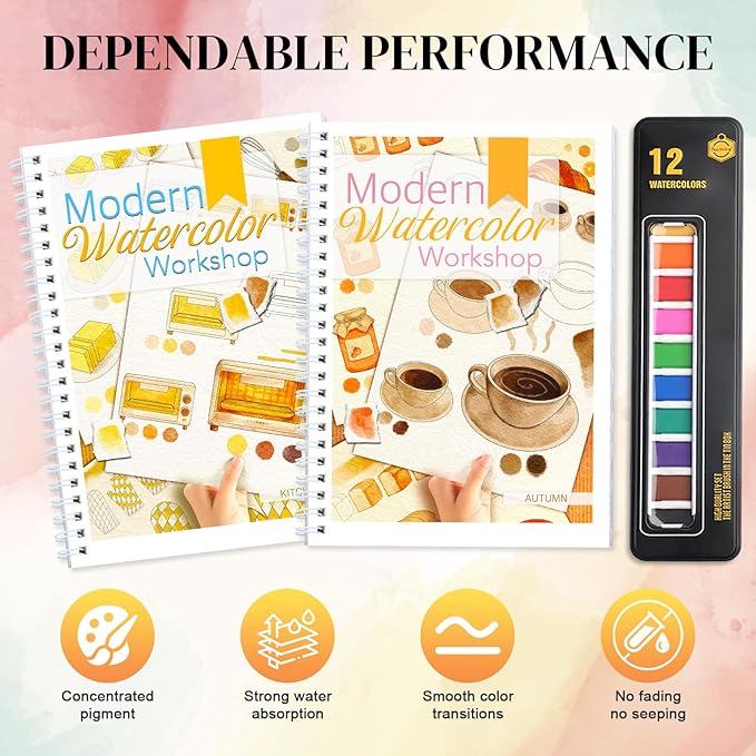 APOLYONE 2-Pack Beginner Watercolor Workbooks: 24 Coloring Pages + 12 Watercolor Paints + Brush – 300gsm/140lb Paper – Gift for Women, Adults & Beginners (Autumn & Kitchen)