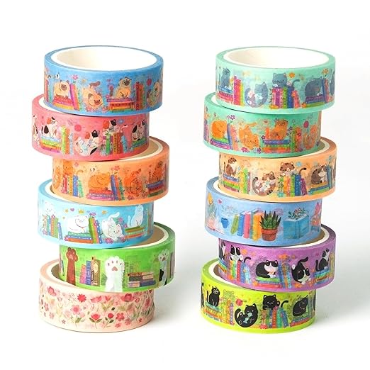 Cats Books Washi Tapes - 12pcs Cute Trendy Colored Aesthetic Stacking Book Decorative Cat Paw Artistic Photo Scrapbook Masking Sided Adhesive Tape Set Supplies DIY Craft Bookish Gift Wrapping