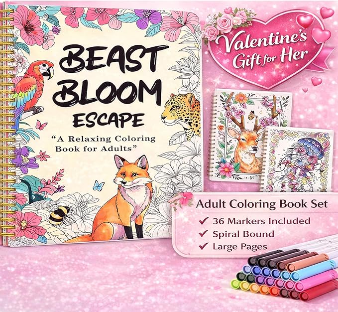 Adult Coloring Book Set with 36 Markers, Spiral Bound Floral & Animal Designs, Relaxing Creative Coloring Book for Adults, Valentine’s Gifts for Her