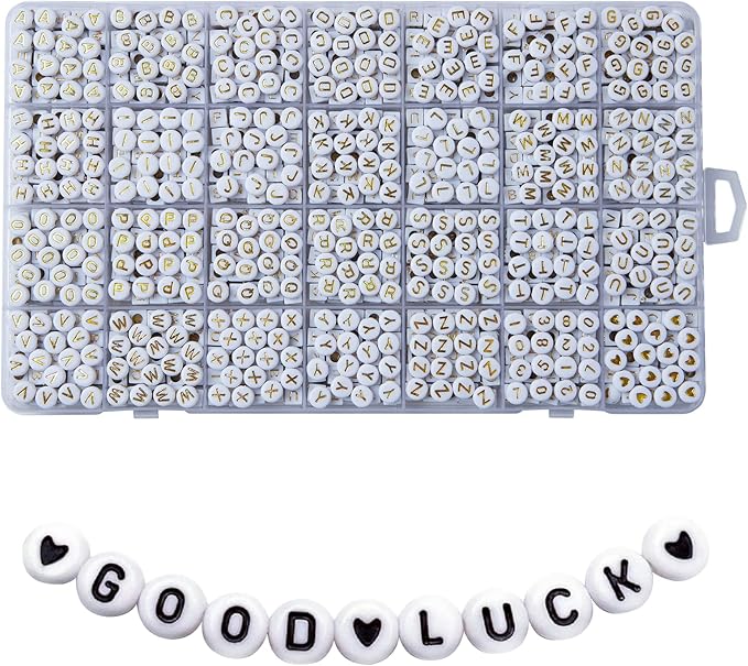 1400pcs letter beads, 4x7 mm acrylic alphabet beads, beads for jewelry and bracelet making, in 28 grid box (white and gold)