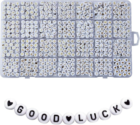 1400pcs letter beads, 4x7 mm acrylic alphabet beads, beads for jewelry and bracelet making, in 28 grid box (white and gold)