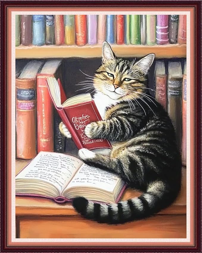 fanxvivy stamped cross stitch kits for beginners full range of cross stitching preprinted embroidery kits for adults, 11ct embroidery pattern needlepoint kits-cat reading 16x20 inch
