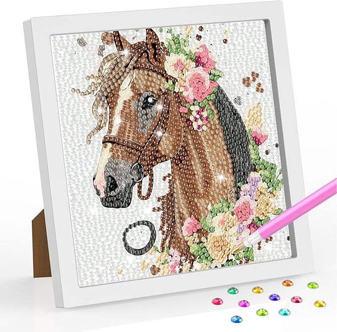 SENQAO Horse Diamond Art Kit for Adults with Frame Art and Crafts for Adults Ages 4-6-8-12 Easy to DIY Diamond Art for Adults and Adult Beginners Home Wall Decoration 7.1x7.1inch