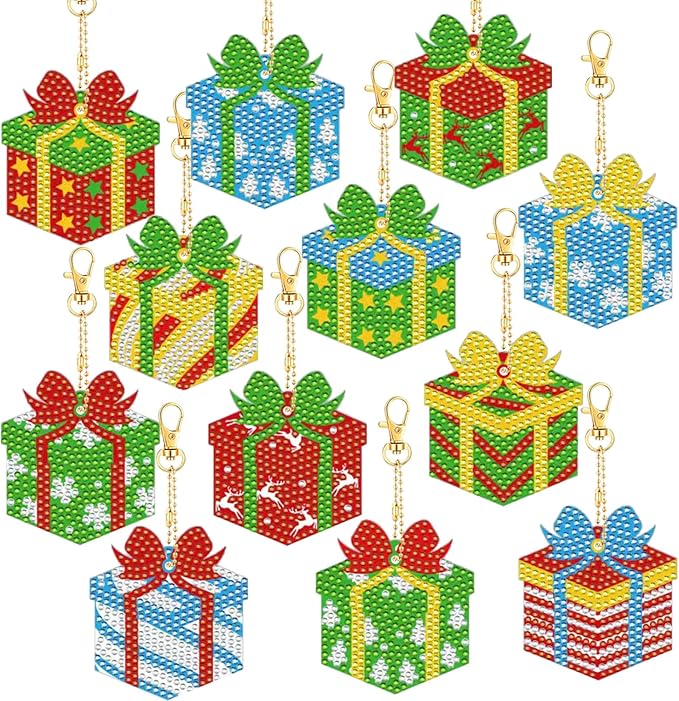 Cinrobiye 12 Pieces Christmas Diamond Painting Keychains Kits with Tools Christmas Diamond Art Hanging Ornaments DIY Xmas Refrigerator Decor Craft Kits for Holiday Party (Gift)