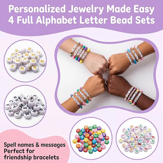 Jewelry Making Kit, 6000 PCS Complete Polymer Clay & Pony Beads Bracelet Kit, 24 Colors, 4 Alphabet Letter Sets & Charms, Organizer Box for DIY Jewelry, Gift for Girls Ages 6–12