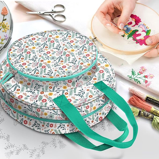 FINPAC Embroidery Project Bag, Embroidery Supplies Storage Carrying Tote Case with Multiple Pockets for Floss, Hoops, Thread, Stitch Tools Kit [Bag Only], Spring Bloom