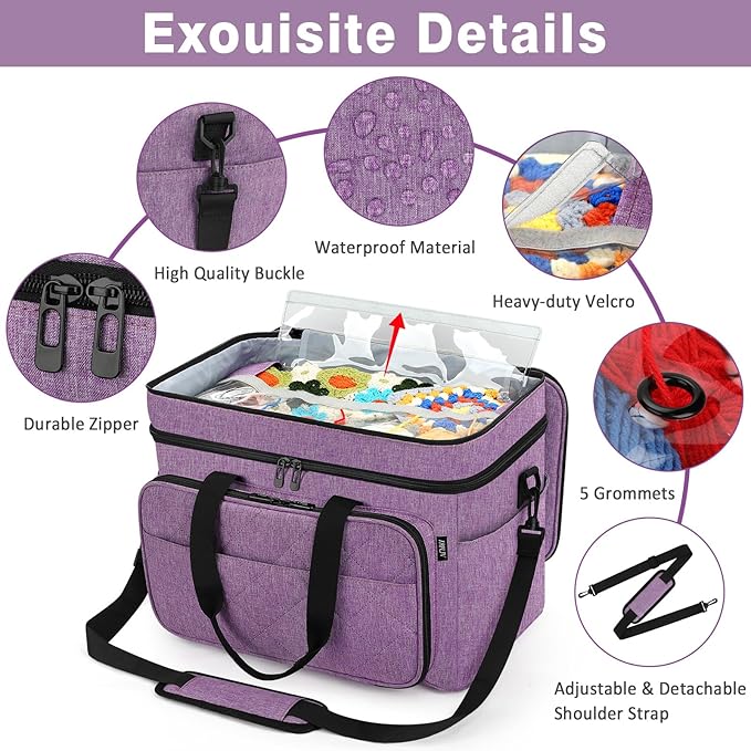 IBFUN 3PCS Crochet Bag with Wrist Yarn Holder, Large Yarn Storage Tote Waterproof Knitting Bag Organizer with Adjustable Strap for Hooks, Needles (Up to 14"), Accessories, Crochet Lovers, Tangle-Free