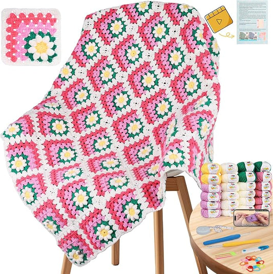 Coopay 3D Blanket Crochet Kit for Beginners, All-in-One Granny Square Blanket Kit with Step-by-Step Video & Enough Yarns - Master 3D Granny Square Crocheting Easily, Ideal Gift for Craft Lovers (Pink)