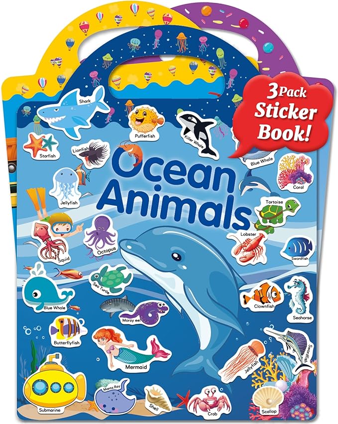 benresive reusable sticker books for kids, sticker books for toddlers, toddler travel toys activities crafts ages 3 and up birthday gifts - ocean animals, fairy and vehicle