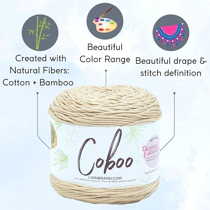 Lion Brand Coboo Beige 835-122 (3-Skeins - Same Dye Lot) DK Light Worsted #3 Cotton, Bamboo Yarn for Crocheting and Knitting with Project Bag