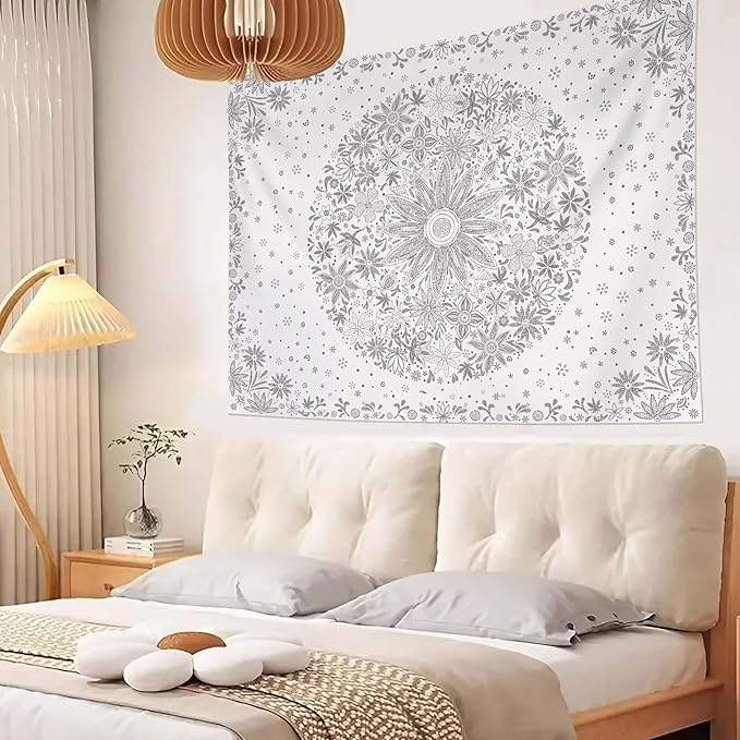 neasow bohemian tapestry wall hanging, gray floral tapestry with dotted daisy medallion print bedroom boho hippie home decor, 50x60 inches