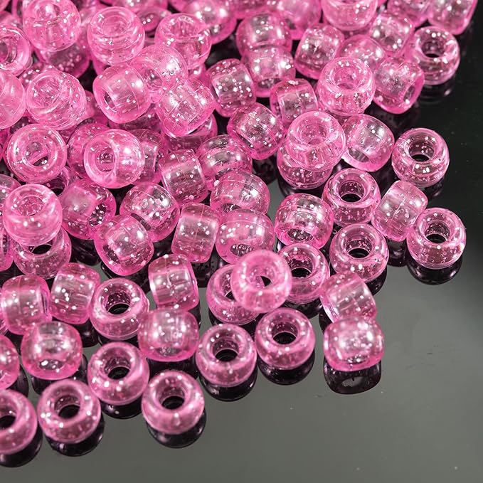 Gxueshan 1000 Pcs Acrylic Plastic Transparent Pink Pony Beads 6x9mm Large Hole Pens Hair Braiding Bulk Kandi Beads for Friendship Bracelet Necklace Jewelry Making Kit
