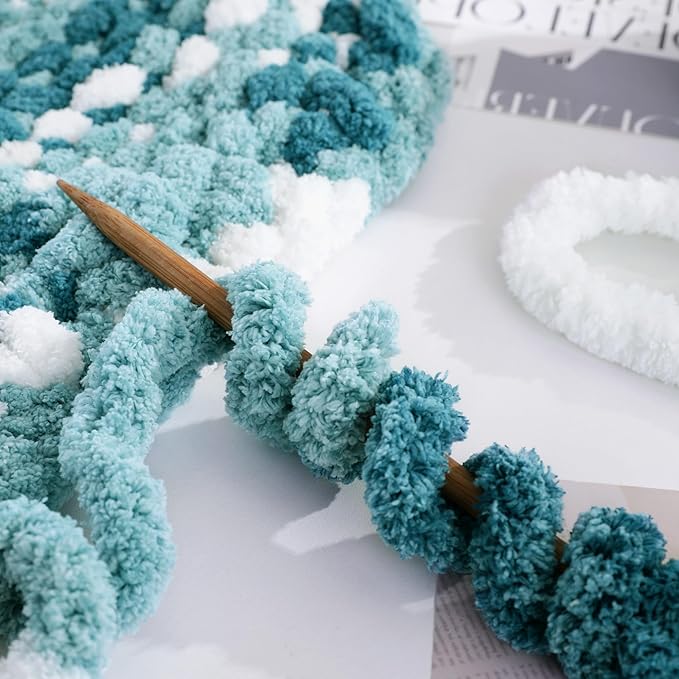 MABOZOO Tie Dye Chunky Yarn 8 Pack, Blue White Multi Fluffy Jumbo Chenille, Soft Plush Bulky, Giant Thick Fuzzy Yarn for Crocheting, Hand or Arm Knitting (26 yds, 7.5 oz Each Skein)