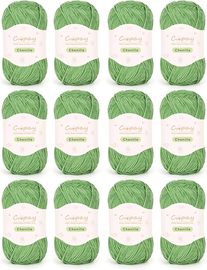 Coopay Skinny Chenille Yarn for Crocheting and Knitting, 12 Pack of 50g/1.76oz - 1764yd Total, Crochet Yarn of Light Weights - Suitable for Baby Blankets, Plush Toys, Garments - Super Soft (Green)