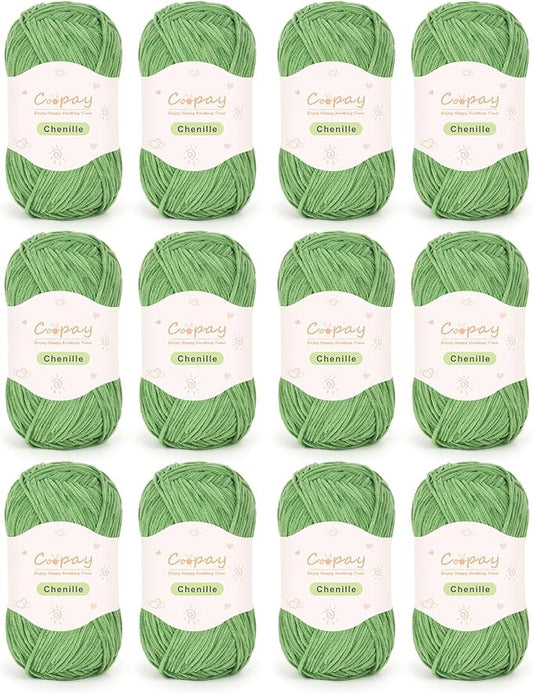 Coopay Skinny Chenille Yarn for Crocheting and Knitting, 12 Pack of 50g/1.76oz - 1764yd Total, Crochet Yarn of Light Weights - Suitable for Baby Blankets, Plush Toys, Garments - Super Soft (Green)