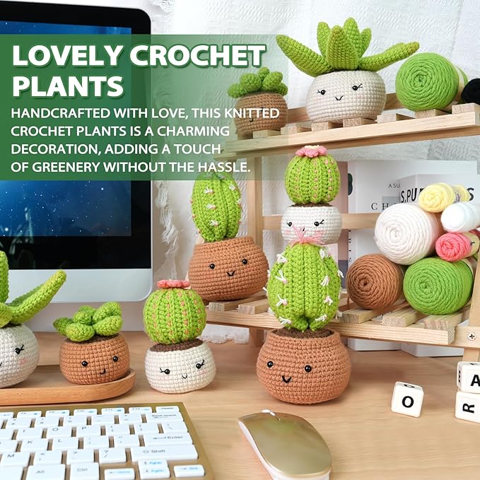 Sewkitta Crochet Kit for Beginners, Crochet Starter Kits for Adults, Amigurumi Craft Knitting Crocheting Kits with Step-by-Step Video Tutorials, 6 Pc Hanging Potted Plants Family(40%+ Yarn)
