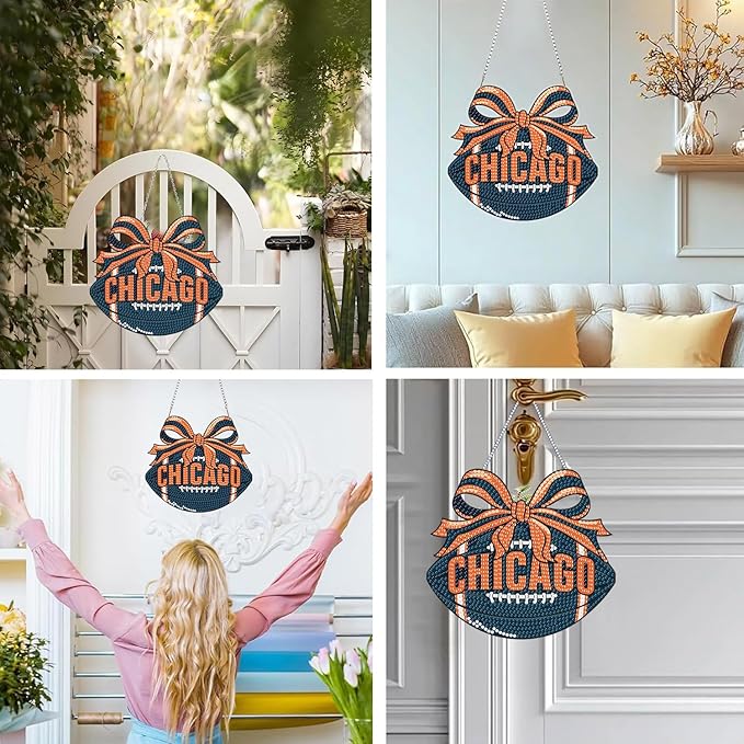 Rertcioph Football Diamond Art Hanging Kit for Adults, DIY Acrylic 5D Diamond Painting Hanging Ornament for Chicago Home Wall Decor and Gift