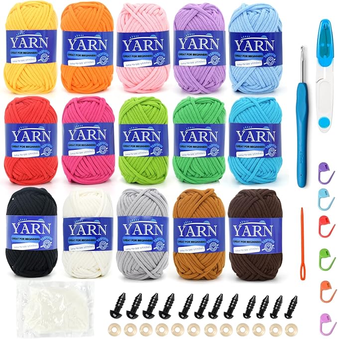 15 Pack Multi Mix Cotton Crochet Yarn - Beginner Friendly with Easy-to-See Stitches - Blue, Green, Pink, Red, Yellow, Orange