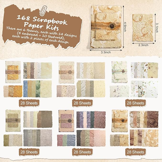 168 Pcs Textured Vintage Scrapbook Paper, 6 Themes Scrapbook Journaling Supplies, Embossed Designs Scrapbooking Kit Decorative Paper for Junk Journals, Card Making, Collage Art, Retro Crafts