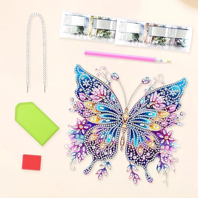 Lxmsja DIY Butterfly Diamond Painting Hanging Ornament, Double-Sided Acrylic Glitter Flowers Diamond Art Kit, Special Shaped Suncatcher Hanging Pendant Window Art Kit 8x8 inch