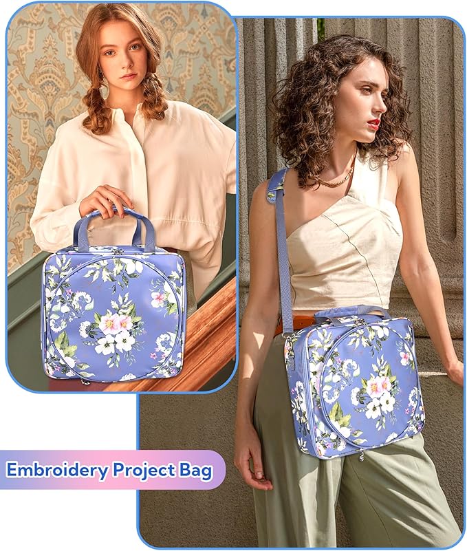 Telawsfun Embroidery Project Bag Organizer, Embroidery Supply Storage Bag with Removable Binder, Portable Carrying Tote for Thread Tools and Accessoriess, Bag Only (Flower)