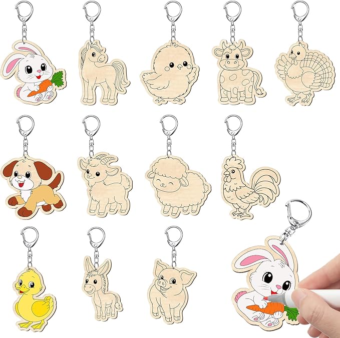 Trnayi 36 Pcs Farm Animal Unfinished Wooden Keychains Color Your Own Unfinished Cow Horse Pig Turkey Chicken Rabbit Wooden Crafts Blank Wood Painting DIY Crafts for Home Activities Arts Project Decor