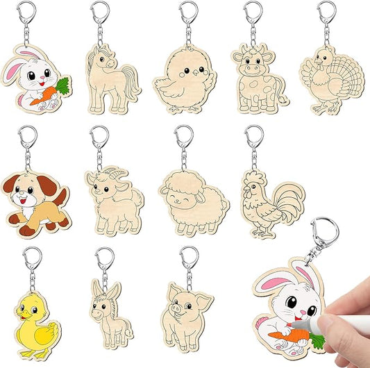 Trnayi 36 Pcs Farm Animal Unfinished Wooden Keychains Color Your Own Unfinished Cow Horse Pig Turkey Chicken Rabbit Wooden Crafts Blank Wood Painting DIY Crafts for Home Activities Arts Project Decor