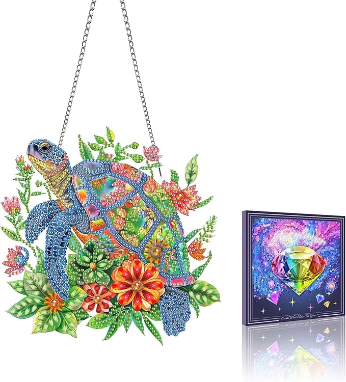 VAIIEYO Turtle Diamond Art Hanging Ornament, Flower Diamond Painting Suncatchers Window Hanging Kit with Chain, 7.5x7.5 inch Crystal Pendant Art Craft for Gift Home Wall Front Door Decoration