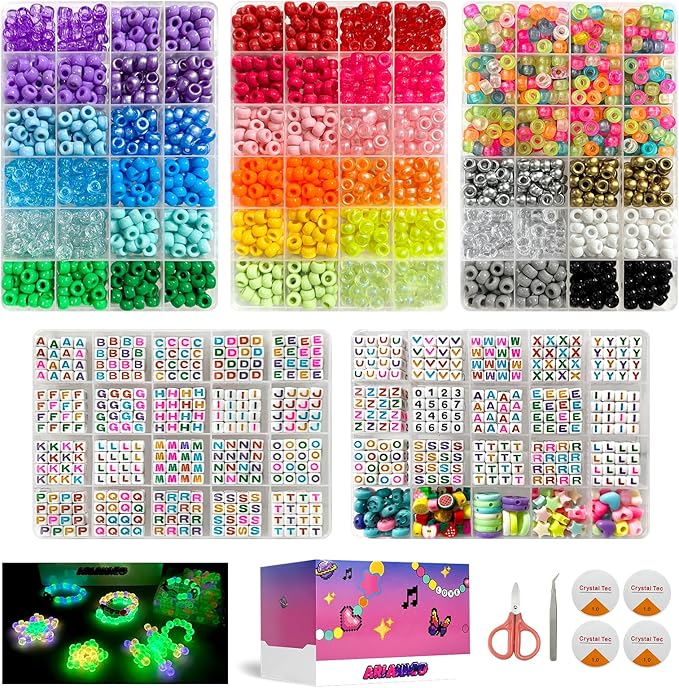 ARIANACO Pony Beads for Bracelet Making Kit with Letter Beads for Friendship Bracelets String Sets,5 Boxes Rave Kandi Beads Bulk for Keychain Crafts and Jewelry Making Supplies