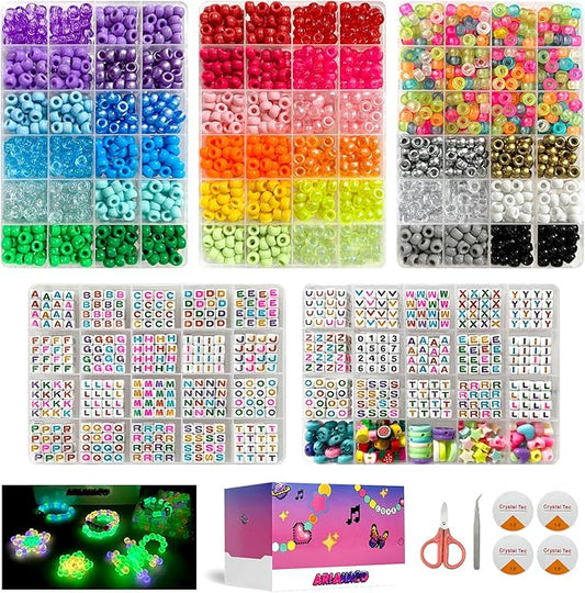 ARIANACO Pony Beads for Bracelet Making Kit with Letter Beads for Friendship Bracelets String Sets,5 Boxes Rave Kandi Beads Bulk for Keychain Crafts and Jewelry Making Supplies