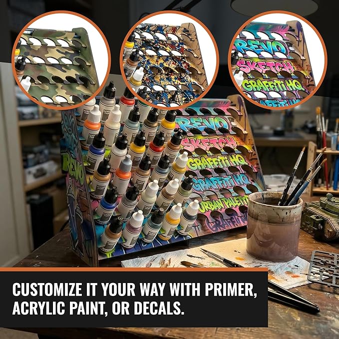 Wall Paint Rack Organizer for Miniatures & Modeling, Vertical Paint Stand with 26mm Dropper Holes + Top Brush/Tool Holder, Compatible with Vallejo, Army Painter, AK (26mm)