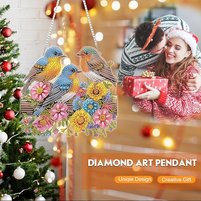 Hanging Diamond Art Kit for Adult, Nature Birds, 5D Special Shaped Rhinestone Diamond Painting Ornament, Bird and Flowers, DIY Acrylic Diamond Art Painting Window Pendants Home Garden Wall Decor