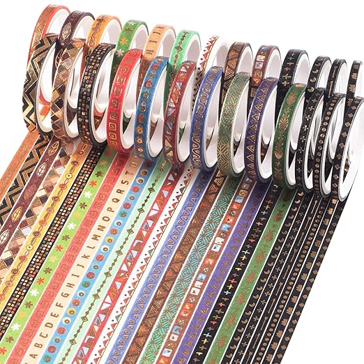 YUBBAEX 26 Rolls Indian Washi Tape Set, 5MM Wide Folk Totem Foil Gold Thin Decorative Masking Washi Tapes for Journal,Scrapbook, Planner, DIY Crafts