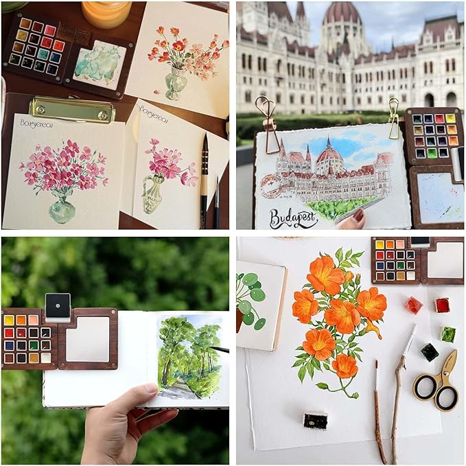 Mini Paint Palette Travel Kit - Mini Travel Watercolor Palette Set, Pocket Artist Water Color Travel Set with Colours, Binder Clips, Watercolor Pens, Wooden Paint Box for Painters Artists Students