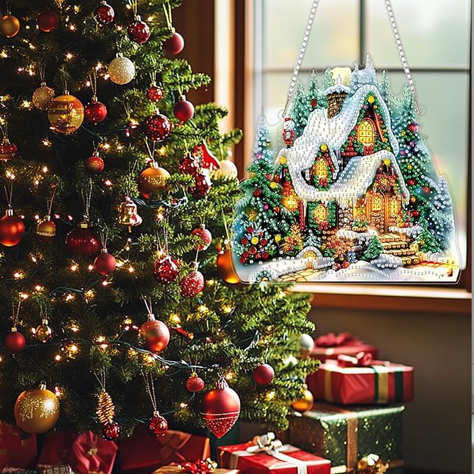 SENQAO Christmas House Diamond Art Hanging Kits for Adults Kids, Christmas Diamond Art Suncatchers, 5D Special Shape Diamond Painting Pendant Window Ornament Gifts for Home Garden Door Wall Decor