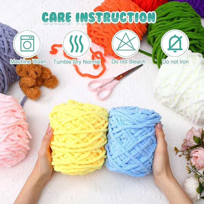 Buryeah Chunky Chenille Yarn for Crocheting Soft Thick Fluffy Yarn for Hand Knitting Bulky Velvet Blanket Plush for Weaving DIY Crafts Each 3.5 oz 55 Yards(Classic Colors,12 Pack)