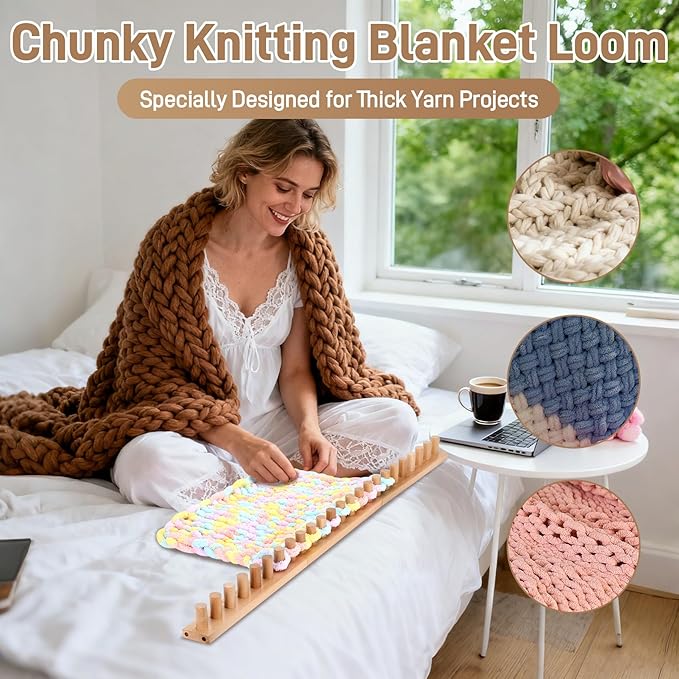 Sienson 46" Chunky Knitting Loom for Blanket Making – Adjustable Wood Frame, Portable DIY Hand Knitting Kit for Beginners, Reusable Blanket Loom for Bulky Yarn Crafts & Gifts